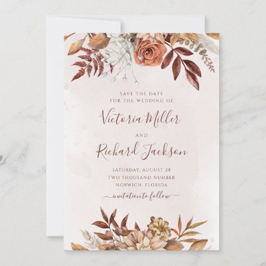 Terracotta Rust Blume Boho Earthy Fall Folies Save The Date (Vorderseite)