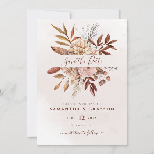 Terracotta Rust Blume Boho Earthy Fall Folies Save The Date (Vorderseite)