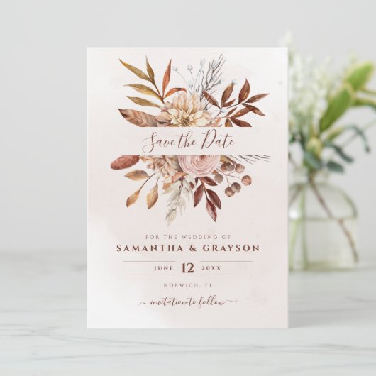 Terracotta Rust Blume Boho Earthy Fall Folies Save The Date (Stehend Vorderseite)