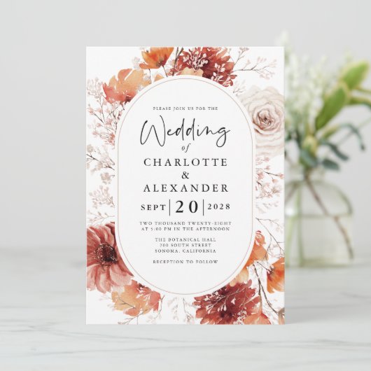 Terracotta Rust Blume Boho Fall Einladung (Stehend Vorderseite)