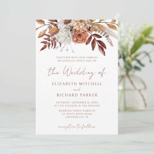 Terracotta Rust Blume Boho Fall Foliage Hochzeit Einladung (Stehend Vorderseite)