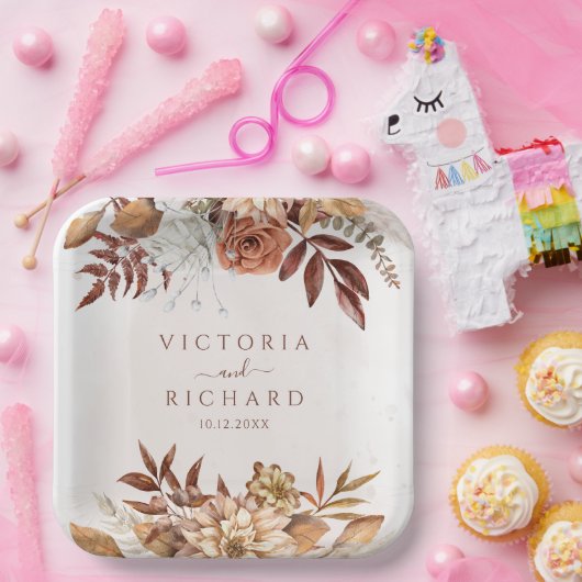 Terracotta Rust Blume Boho Fall Foliage Hochzeit Pappteller (Party)