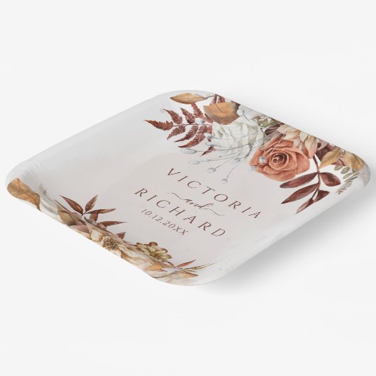 Terracotta Rust Blume Boho Fall Foliage Hochzeit Pappteller (Gewinkelt)