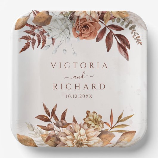 Terracotta Rust Blume Boho Fall Foliage Hochzeit Pappteller (Vorderseite)