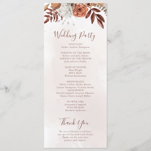 Terracotta Rust Blume Boho Fall Foliage Hochzeit Programm (Rückseite)