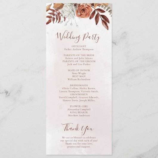 Terracotta Rust Blume Boho Fall Foliage Hochzeit Programm (Rückseite)