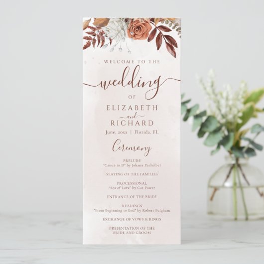 Terracotta Rust Blume Boho Fall Foliage Hochzeit Programm (Stehend Vorderseite)