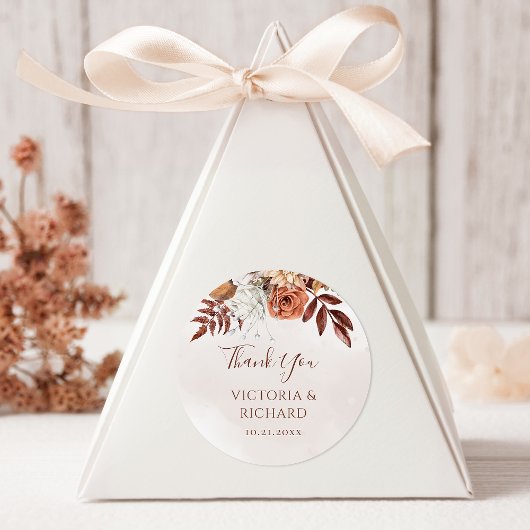 Terracotta Rust Blume Boho Fall Foliage Hochzeit Runder Aufkleber