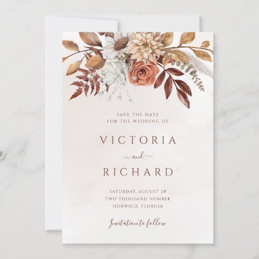 Terracotta Rust Blume Boho Fall Foliage Hochzeit Save The Date (Vorderseite)