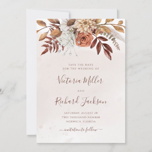 Terracotta Rust Blume Boho Fall Folies Save The Date (Vorderseite)