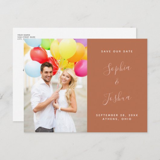 Terracotta Rust & Blush Script Foto Save the Date Postkarte (Vorne/Hinten)