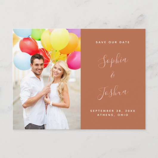 Terracotta Rust & Blush Script Foto Save the Date Postkarte (Vorderseite)