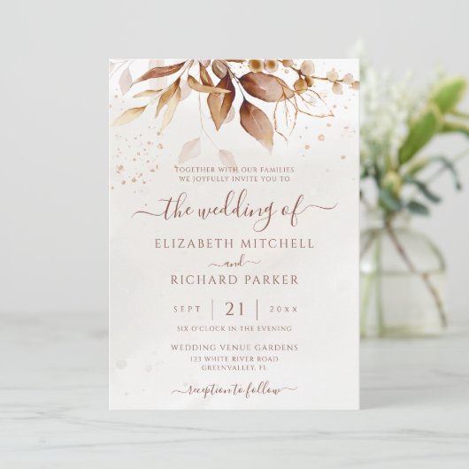 Terracotta Rust Boho Fall Foliage Wedge Einladung (Stehend Vorderseite)