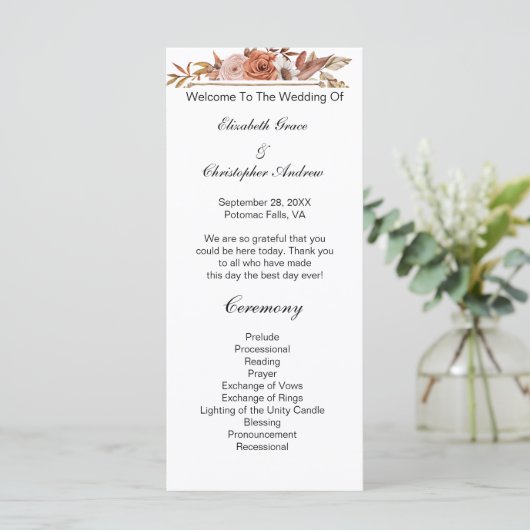 Terracotta Rust Boho Floral Wedding Program Menükarte (Stehend Vorderseite)