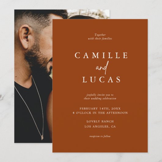 Terracotta Rust Burnt Orange Foto Wedding Einladung (Vorne/Hinten)