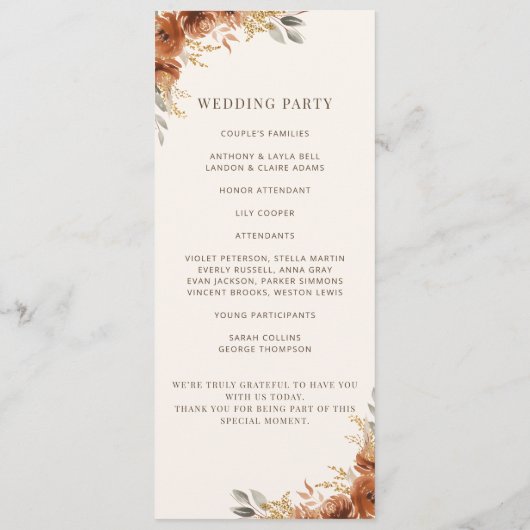 Terracotta Rust Fall Floral Wedding Program Programm (Rückseite)