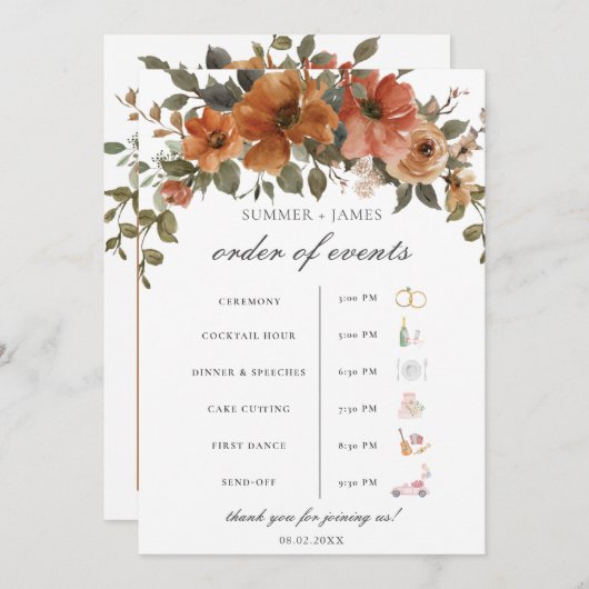 Terracotta Rust Floral Hochzeit im Herbst Orden de Programm (Vorne/Hinten)