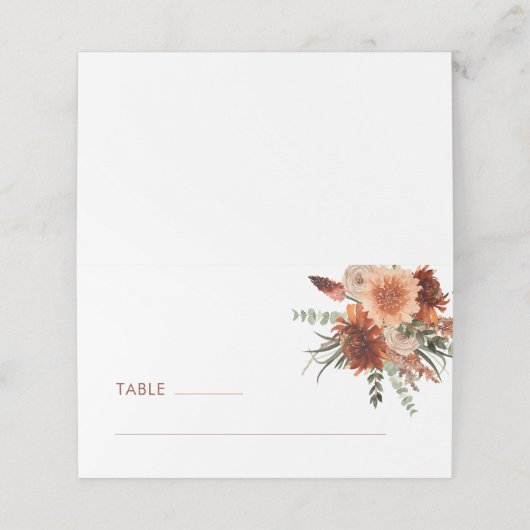 Terracotta Rust Floral Wedding Platzkarte (Außenseite Aufgefaltet)