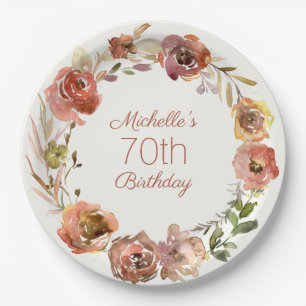 Terracotta Rust Floral Wreath 70. Geburtstag Pappteller