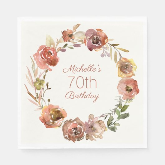 Terracotta Rust Floral Wreath 70. Geburtstag Serviette (Vorderseite)