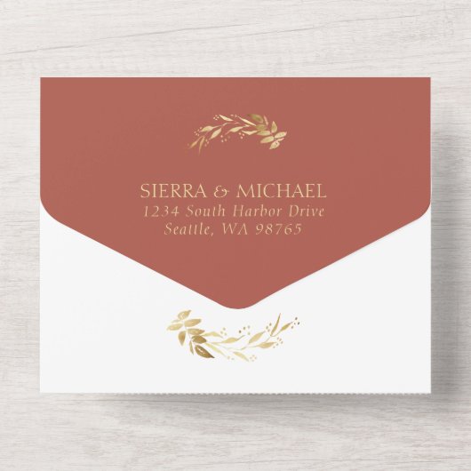 Terracotta Rust Gold Foliage All In One Einladung (Rückseite)