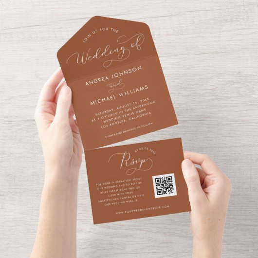 Terracotta Rust Script Herbst QR Code Hochzeit All In One Einladung (Abreißen)