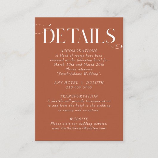 Terracotta Rust Wedding Details Karte (Vorderseite)
