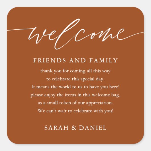 Terracotta Rust Wedding Willkommensgeschenk Beutel Quadratischer Aufkleber (Vorderseite)