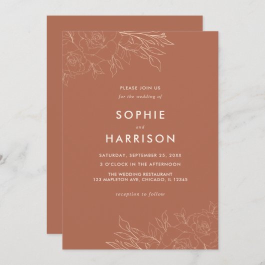 Terracotta Rustic Boho Floral Modern Wedding Invit Einladung (Vorne/Hinten)