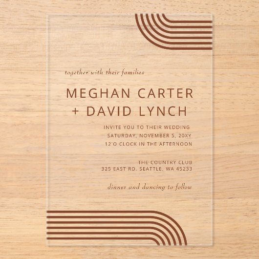 Terracotta Rustic Boho Moderne Hochzeit Acryleinladungen (Vorderseite)