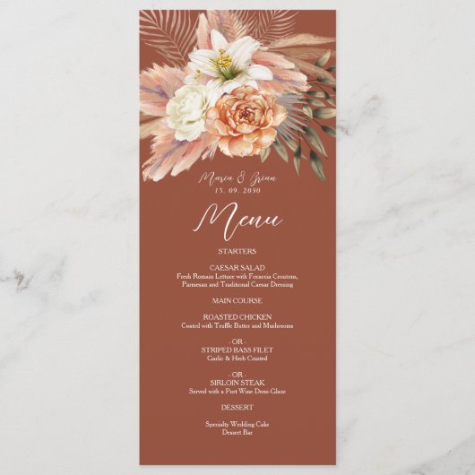 Terracotta Rustic Boho Wedding Menükarte (Vorderseite)