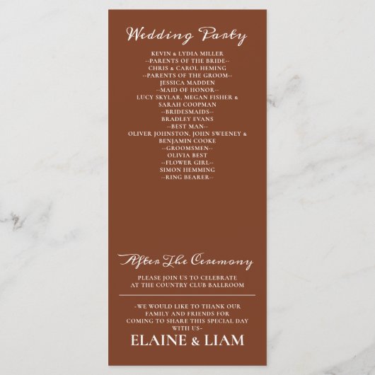 Terracotta Rustic Burnt Orange Moderne Hochzeit Programm (Rückseite)