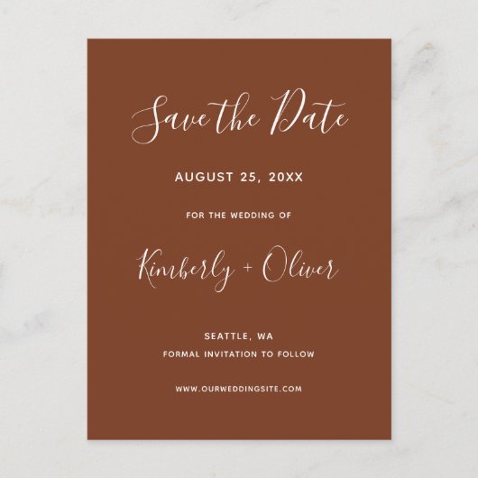 Terracotta Rustic Burnt Orange Save the Date Ankündigungspostkarte (Vorderseite)