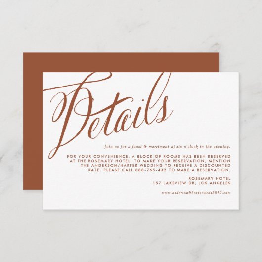 Terracotta Rustic Calligraphy Wedding Details Begleitkarte (Vorne/Hinten)