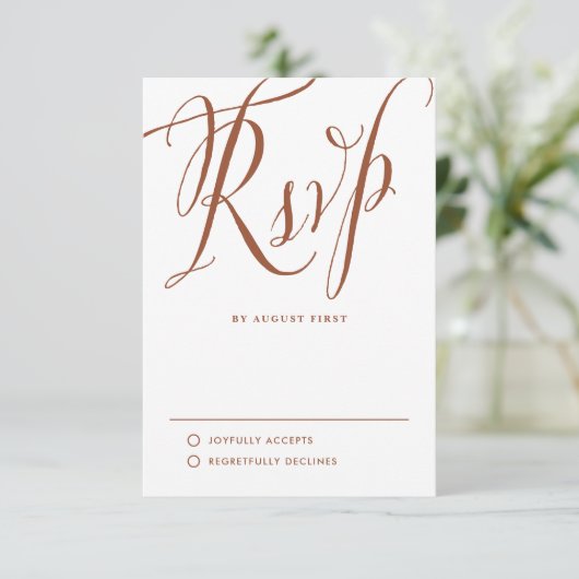 Terracotta Rustic Calligraphy Wedding RSVP Karte (Stehend Vorderseite)