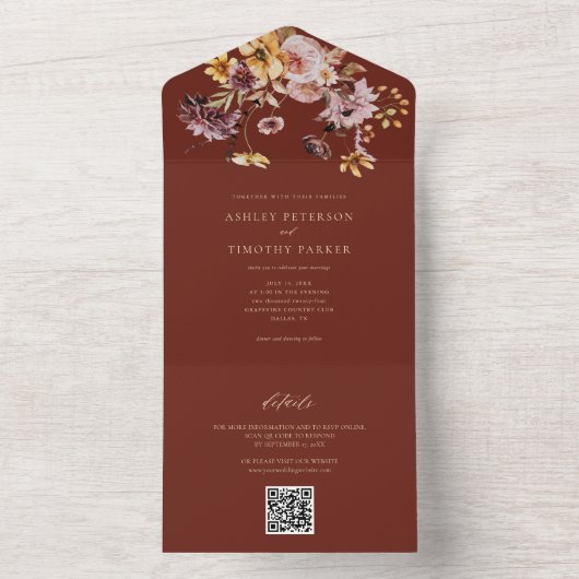 Terracotta Rustic Fall Floral Wedge QR All In One Einladung (Innen Boden)