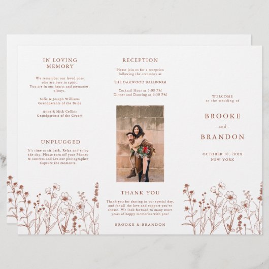 Terracotta Rustic Fall Wildblume Hochzeitsprogramm (Vorne/Hinten)