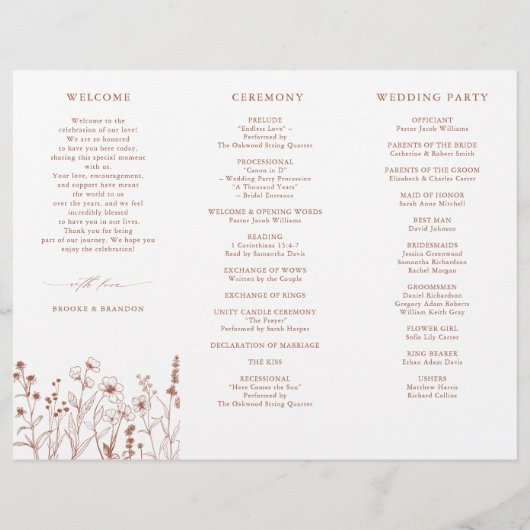 Terracotta Rustic Fall Wildblume Hochzeitsprogramm (Rückseite)