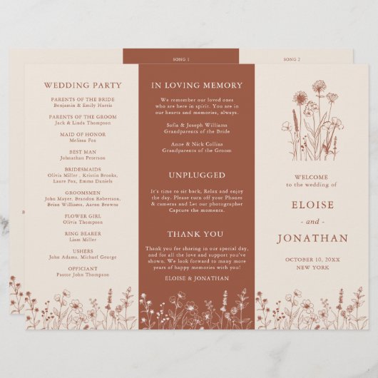Terracotta Rustic Fall Wildblume Hochzeitsprogramm (Vorne/Hinten)