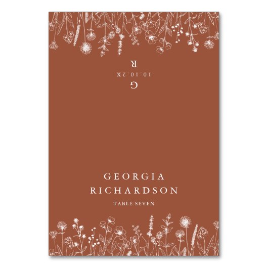 Terracotta Rustic Fall Wildblume Platzkarte Tischnummer (Vorderseite)