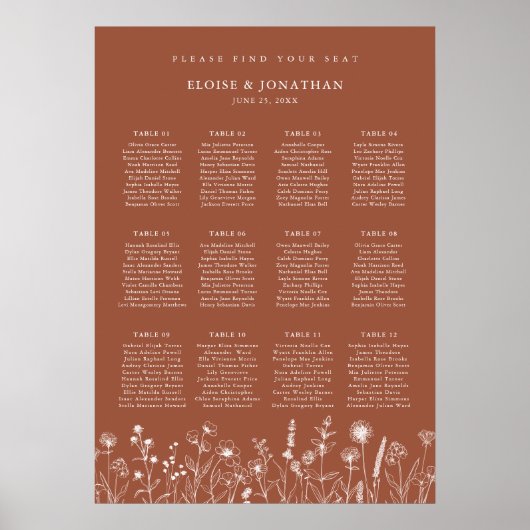 Terracotta Rustic Floral Wedding Chart Poster (Vorne)