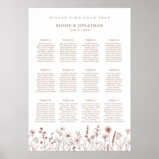 Terracotta Rustic Floral Wedding Chart Poster (Vorne)