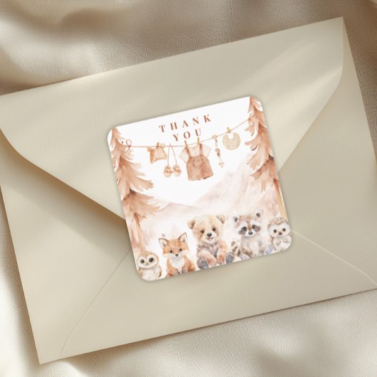 Terracotta Rustic Forest Baby Shower Thank You Quadratischer Aufkleber