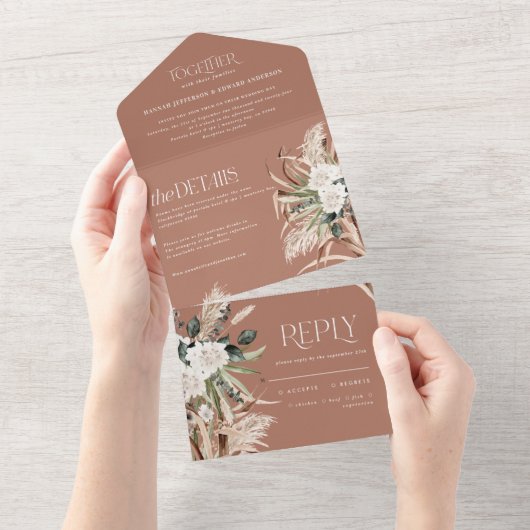 Terracotta Rustic Pampas eucalyptus All In One Einladung (Abreißen)