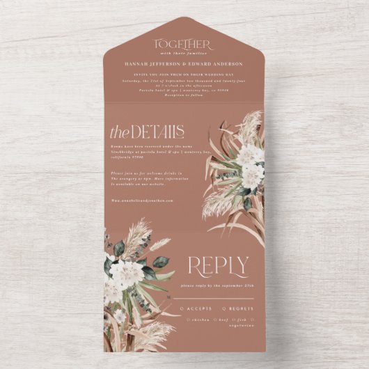 Terracotta Rustic Pampas eucalyptus All In One Einladung (Innen Boden)