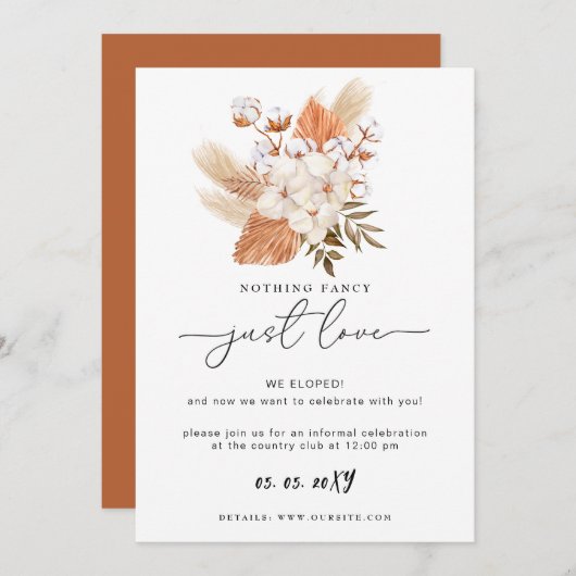 Terracotta Rustic Pampas Grass Hochzeitsempfang Karte (Vorne/Hinten)