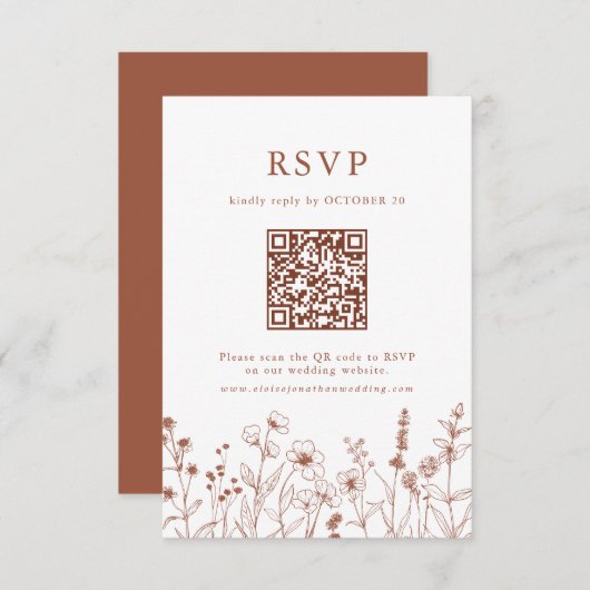 Terracotta Rustica Floral Fall Wildblume QR Code RSVP Karte (Vorne/Hinten)