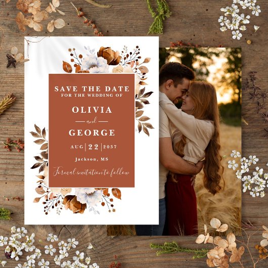 Terracotta Rustikale Aquarellfarben Foto Hochzeit Save The Date