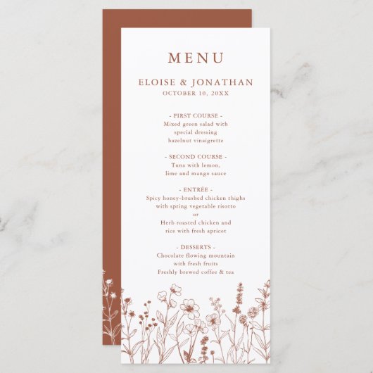Terracotta Rustikale Herbsthochzeit Wildblume Menükarte (Vorne/Hinten)
