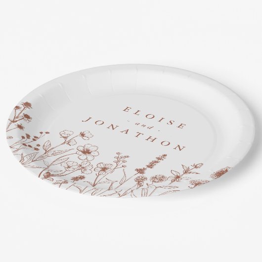 Terracotta Rustikale Herbsthochzeit Wildblume Pappteller (Schrägansicht)